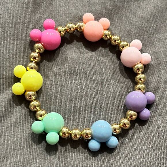 NEW Colorful Mickey Mouse Head & Round Gold Beaded Bracelet - Picture 1 of 4